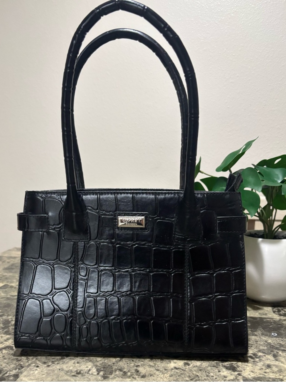 OSPREY Black Croc-Embossed Satchel with Double Handles